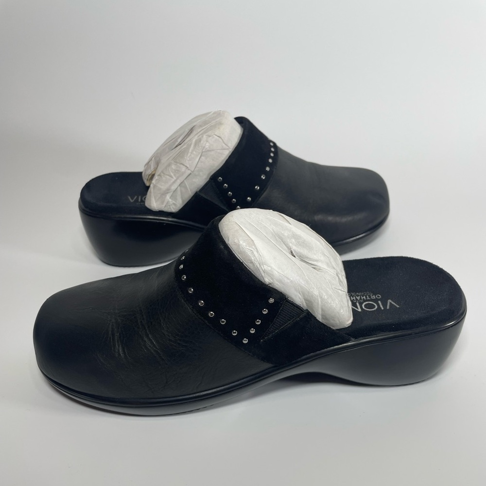 Vionic Esme Orthaheel Leather Clog Womens Black Comfort Mule Studded Suede